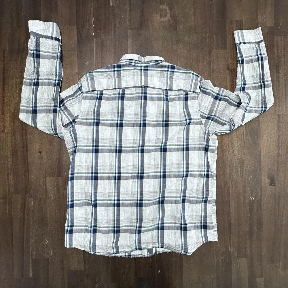 Banana Republic Untucked Shirt Mens XL Tall Blue Green Plaid Standard Fit Casual